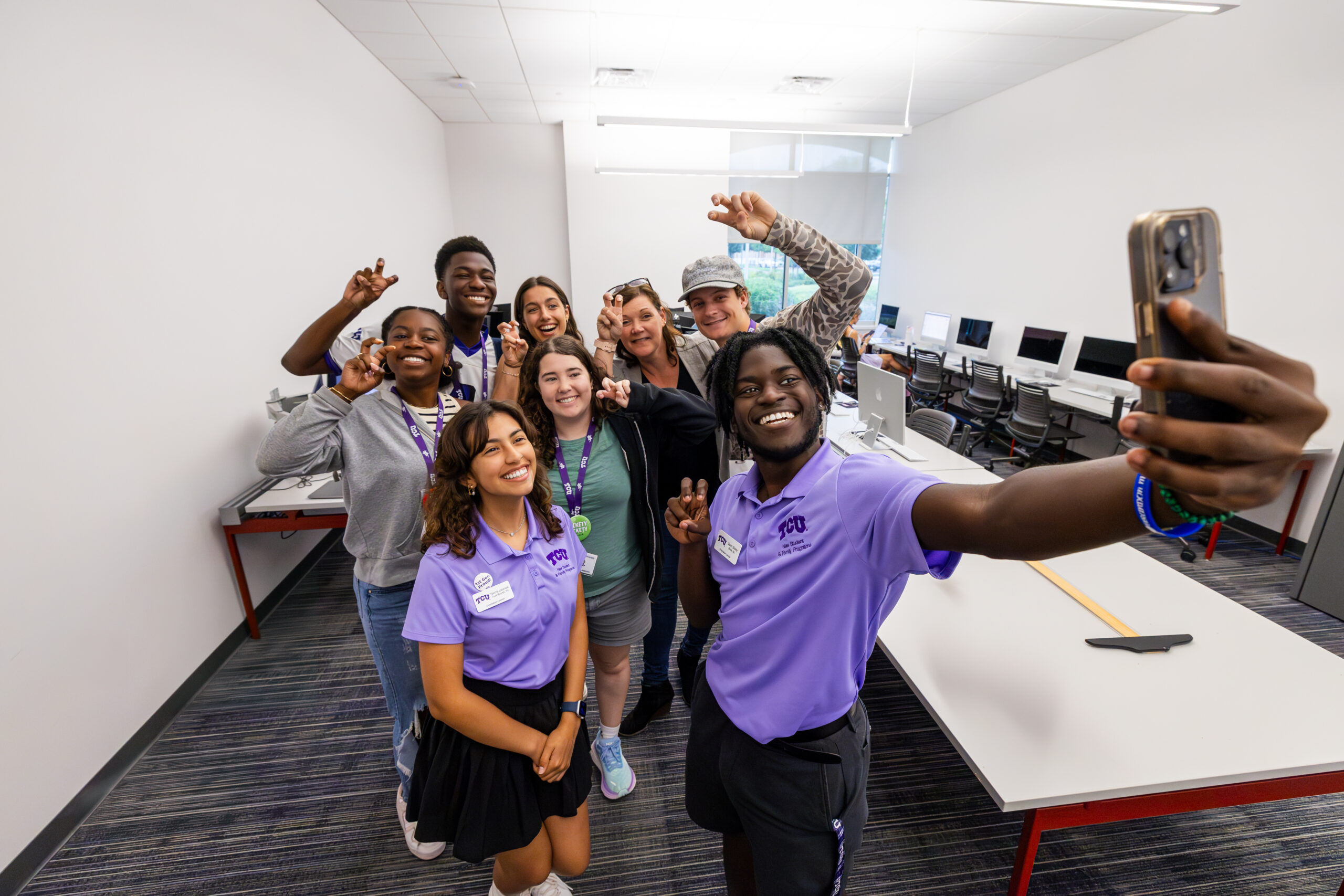 Orientation Leader selfie with small group of student